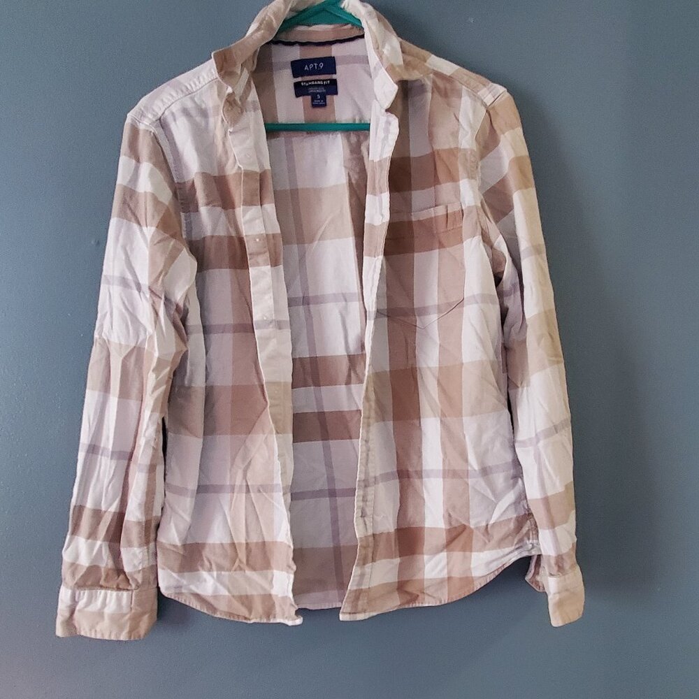 Apt 9 Beige and White Button Down Long Sleeve size S untucked standard fit